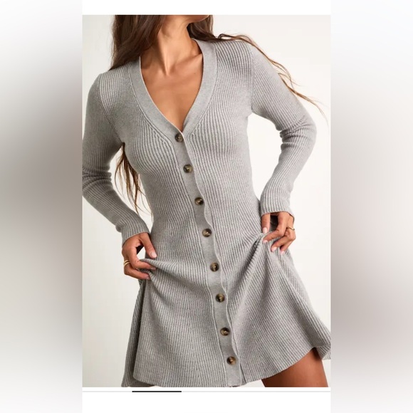 Lulu's Gray Ribbed Button-Front Sweater Dress - Picture 3 of 8
